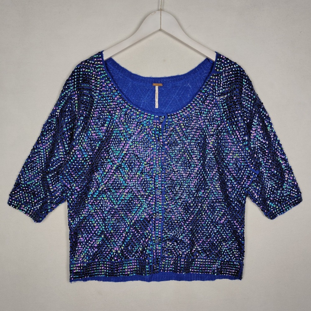 Free People Royal Blue Sequin Diamond Knit Cardigan Sweater Short Sleeve Small